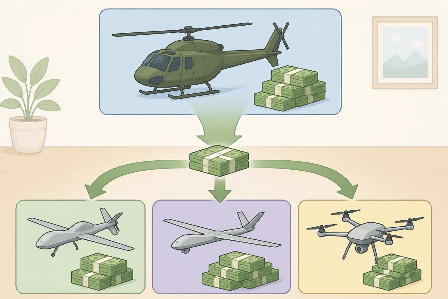 Diagram of how the U.S. Army's FARA cancellation reallocated roughly $7.3 billion toward FTUAS and other vertical-lift efforts, illustrating how drones will replace helicopters only in selected functions