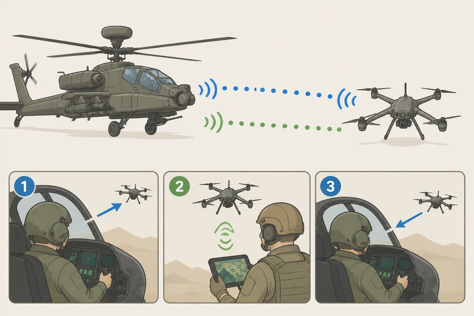 Illustration of an AH-64 Apache launching and controlling a small unmanned launched-effects dispenser for reconnaissance or strike while staying at standoff distance