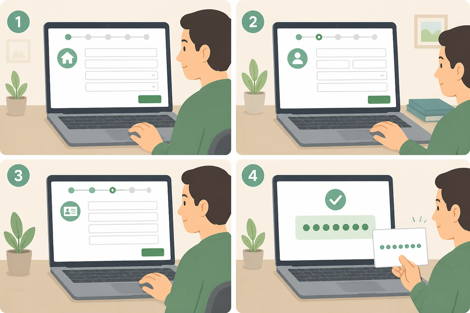 Illustrated walkthrough of privacy.ca.gov/DROP where a user verifies California residency, enters identifiers, submits once, and saves an eight-digit DROP ID