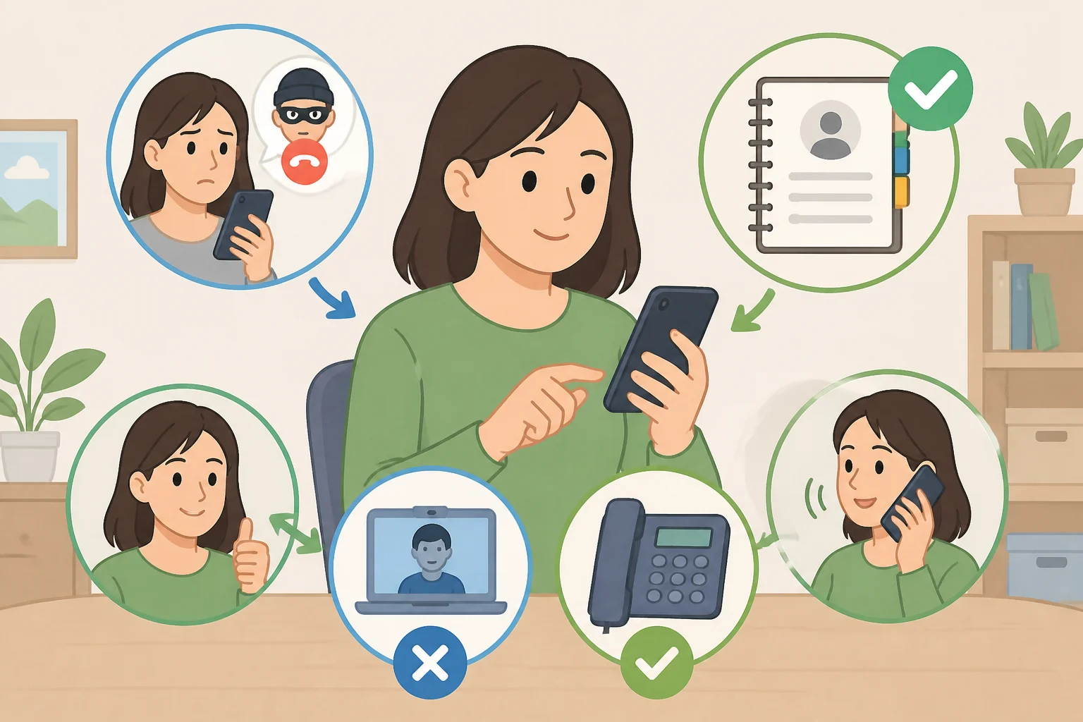 Illustration of a verification step where a user calls a saved company directory number rather than using the phone number or QR code shown in a suspicious deepfake video