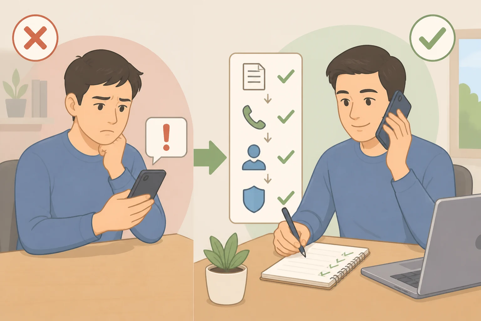 Illustration of a two-step verification habit where viewers stop and confirm a suspicious video via independent channels before sharing or acting
