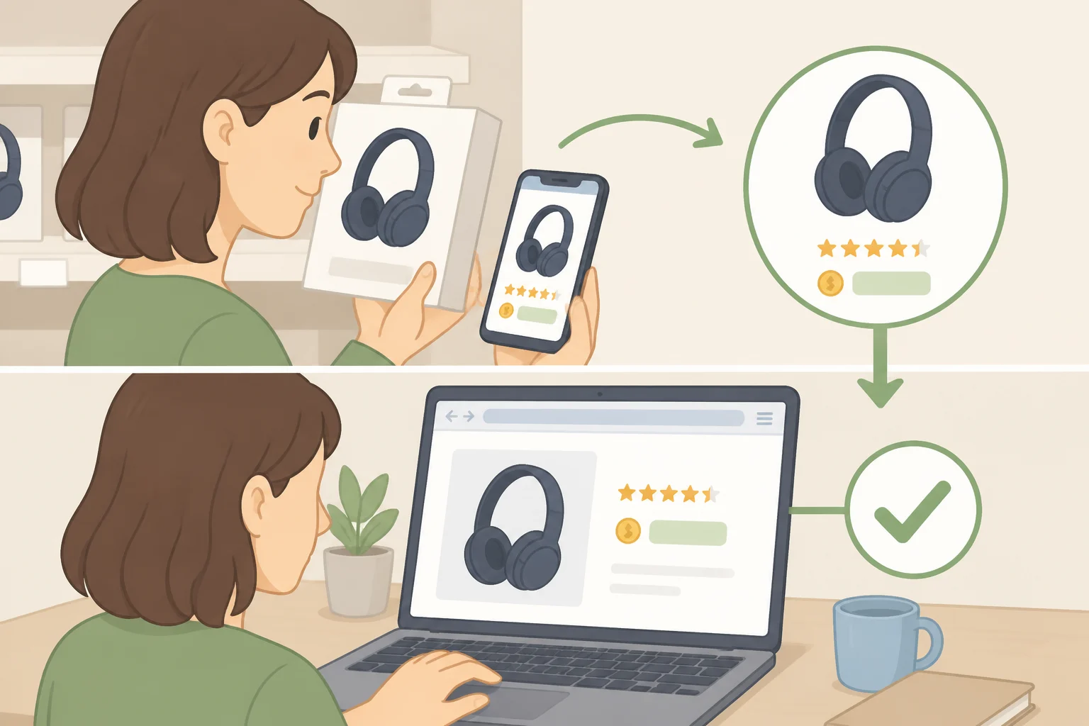 Illustration of a checklist-driven price comparison where a shopper verifies a heavily discounted iPhone preorder offer on the retailer’s own site