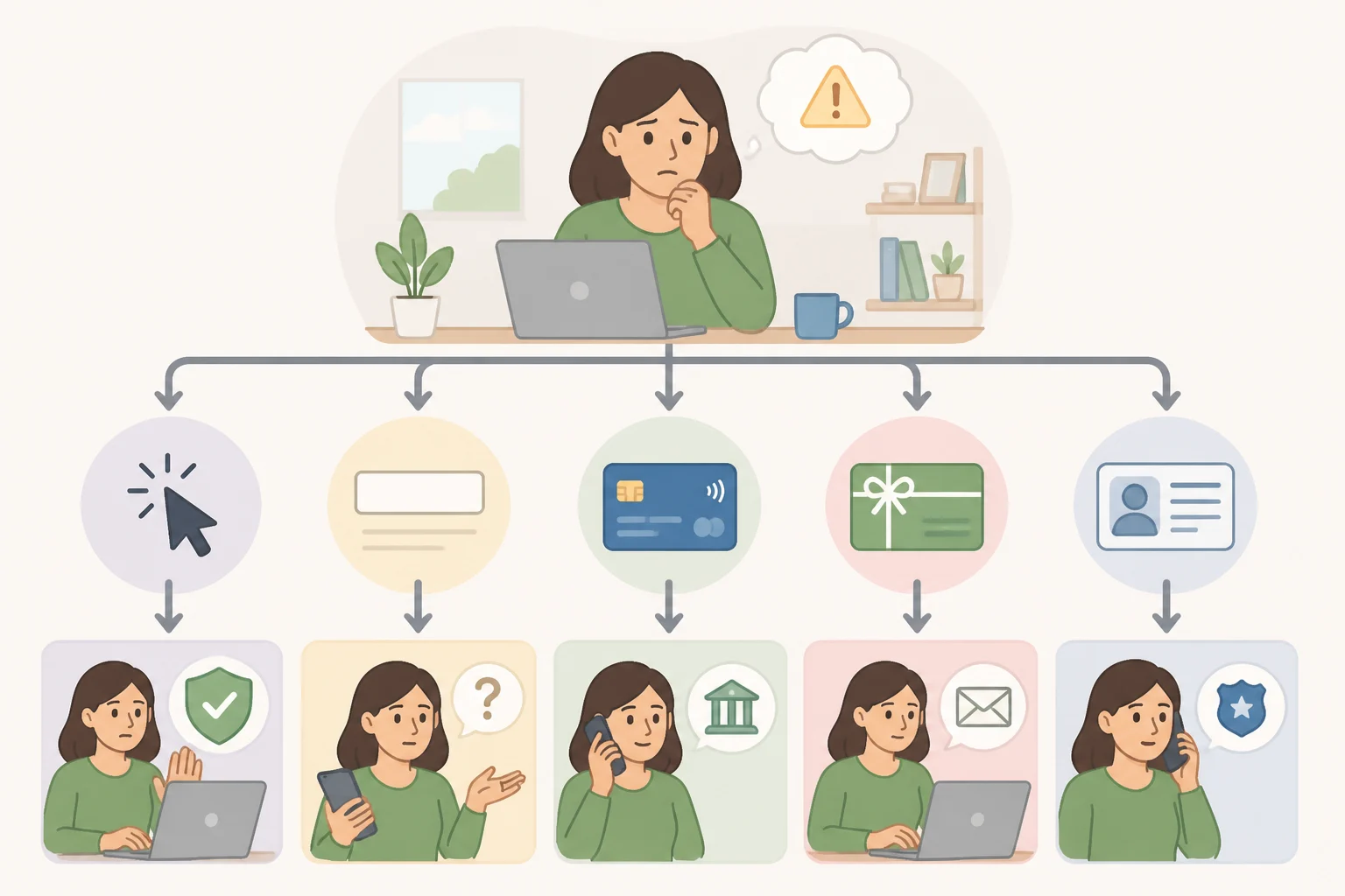 Flowchart-style illustration that guides a reader to the right next step after encountering a fake preorder, including reporting options and identity-theft recovery