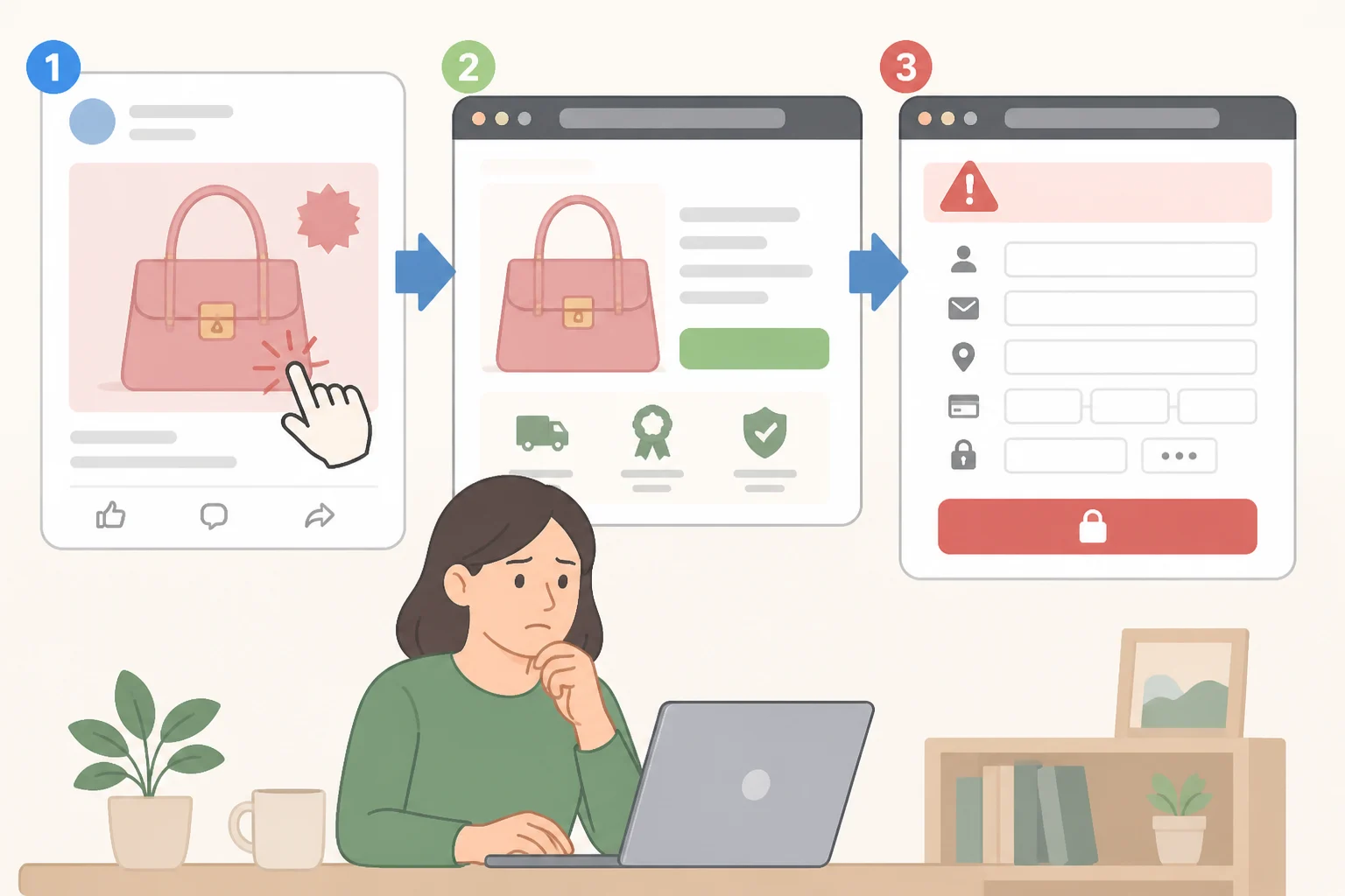 Diagram of an ad-to-checkout funnel for an iPhone Duo preorder scam, where a low-price brand-name post leads to a fake website collecting payment and sensitive details