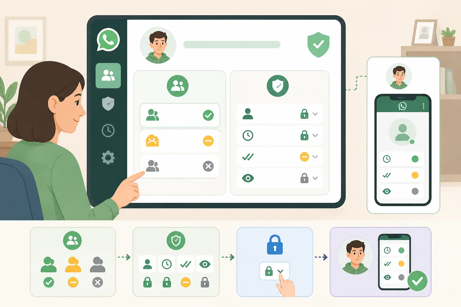 Screenshot-style illustration of WhatsApp parental supervision settings for teens, showing controls for profile photo visibility, group add permissions, and notifications when a teen joins or leaves groups