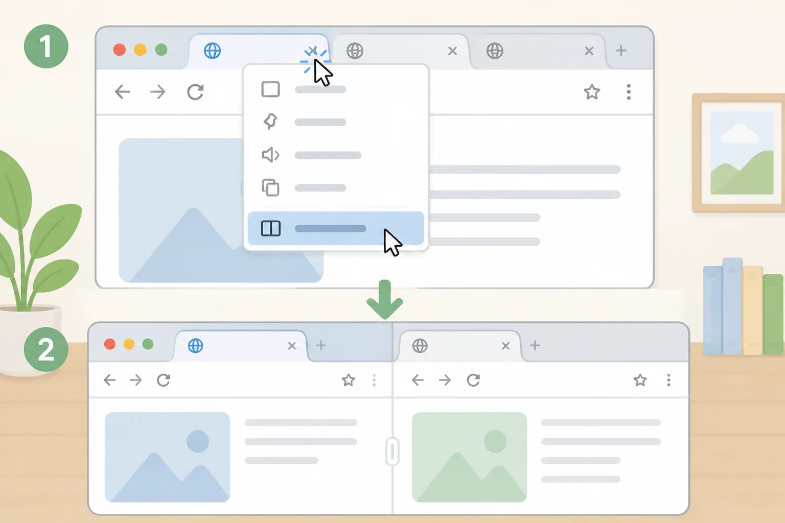 Close-up of a Firefox tab right-click menu with the Add Split View option selected, showing how to begin a two-page side-by-side layout.
