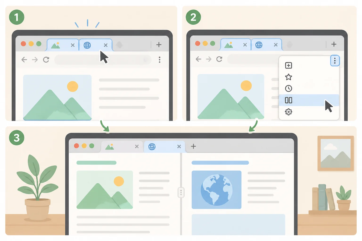 Illustration of two tabs highlighted in Firefox's tab bar, with the context menu open showing Open in Split View to compare them side by side.