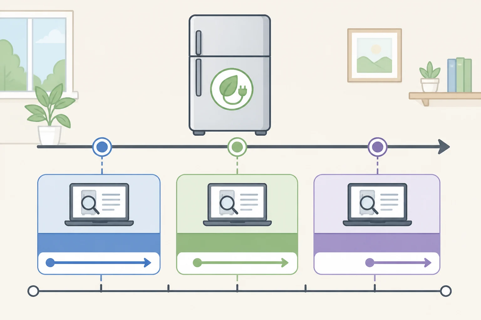 Timeline illustration of the DOE refrigerator and freezer energy rating tools covering 1949–1980, 1990–1999, and 2011–July 2021, totaling 55,369 records