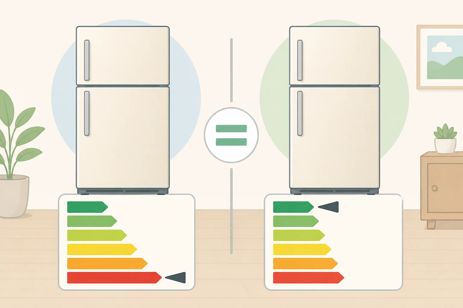 Side-by-side illustration comparing a 1952 Admiral and a 1952 Norge top-freezer entry with similar size and manual defrost, highlighting a much higher Energy Rating for the Admiral model