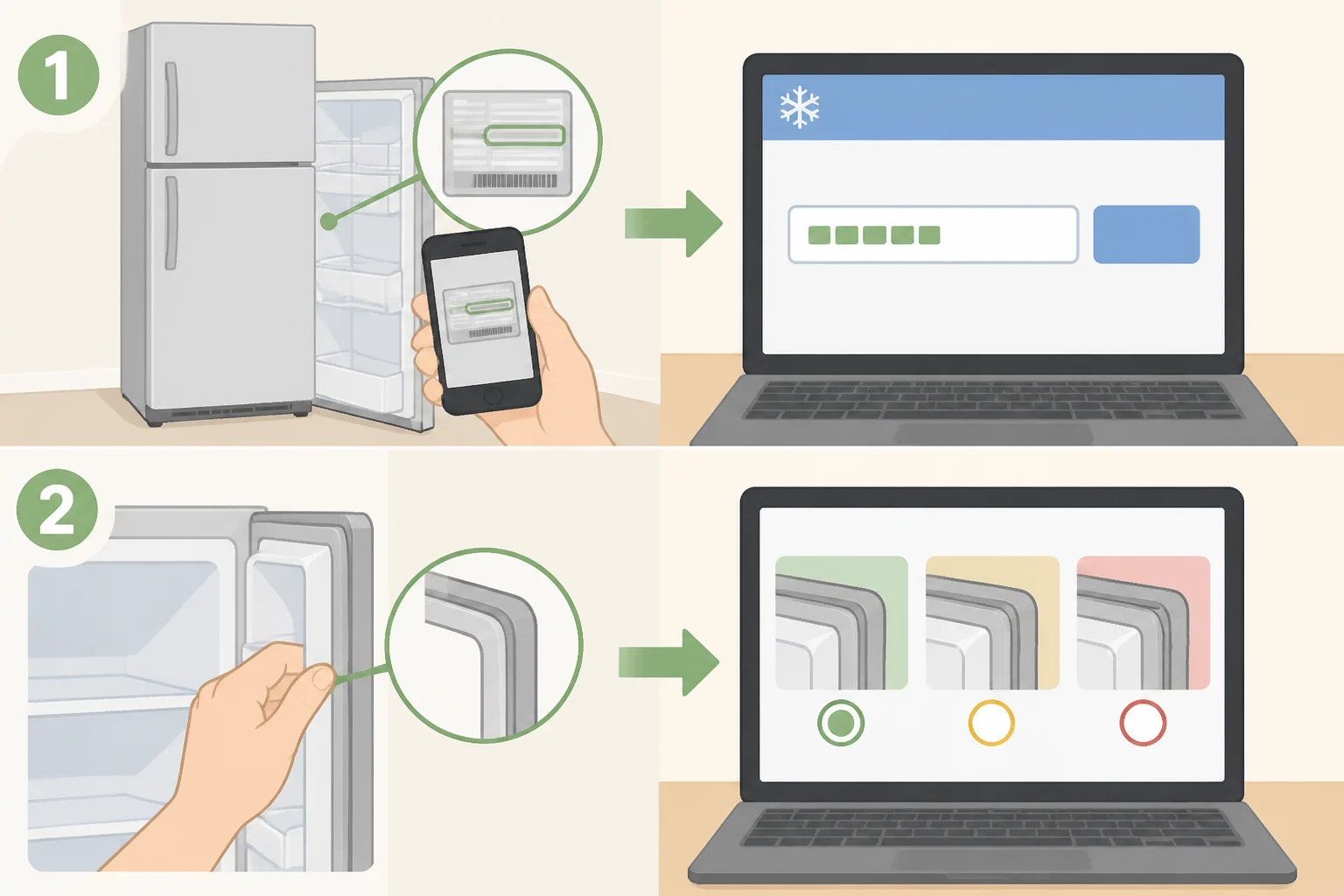 Illustration of a refrigerator nameplate showing the model number and a technician checking door gasket condition as good or fair before entering details into the DOE lookup tool