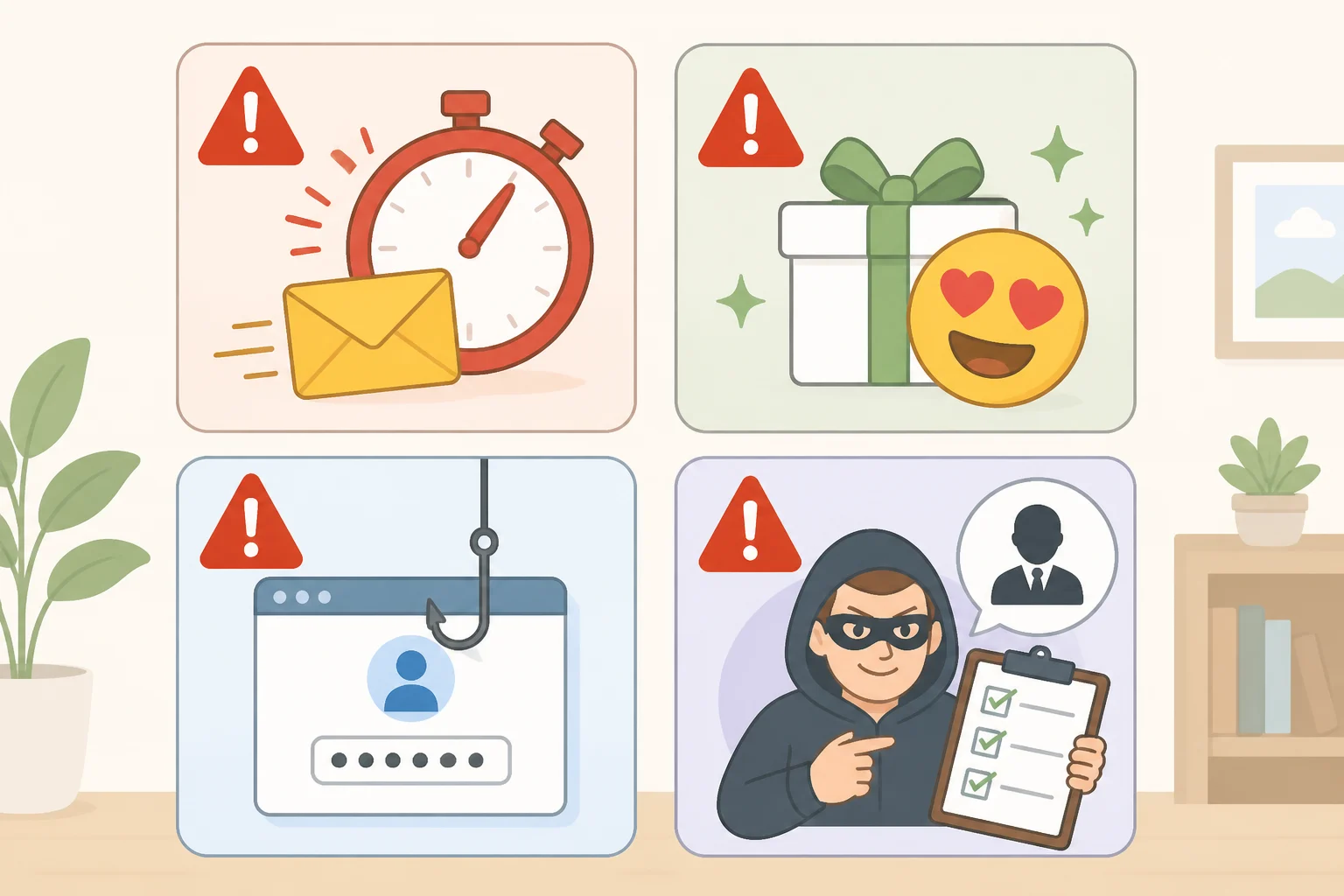 Illustration of four callout tiles showing common phishing email red flags: urgency and threats, emotional “too good to be true” offers, requests for passwords or financial details, and requests that feel out of character