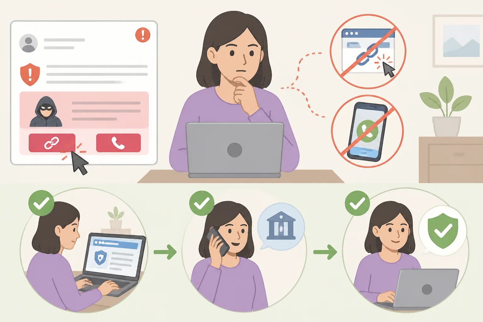 Illustration of the verify-before-you-click routine: a user refusing the email link, avoiding the message’s phone number, then navigating to the organization’s known website by typing the address directly