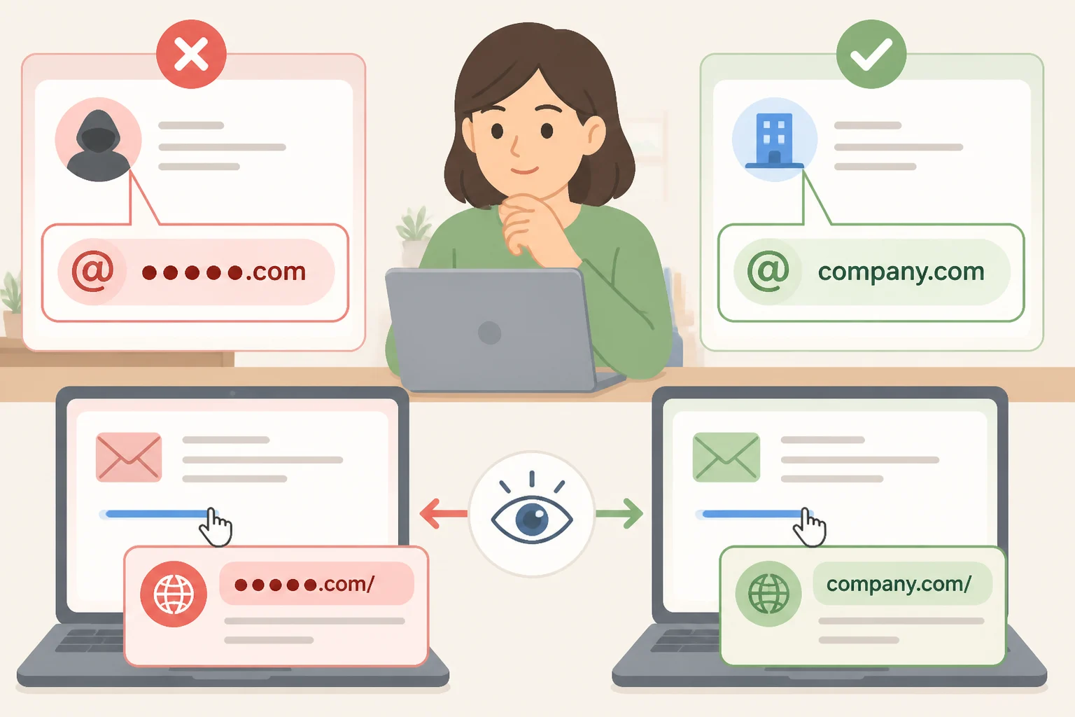 Illustration of how to spot a phishing email by comparing a lookalike sender domain (e.g., altered letters after the @ symbol) and hovering over a shortened link to reveal a mismatched destination domain