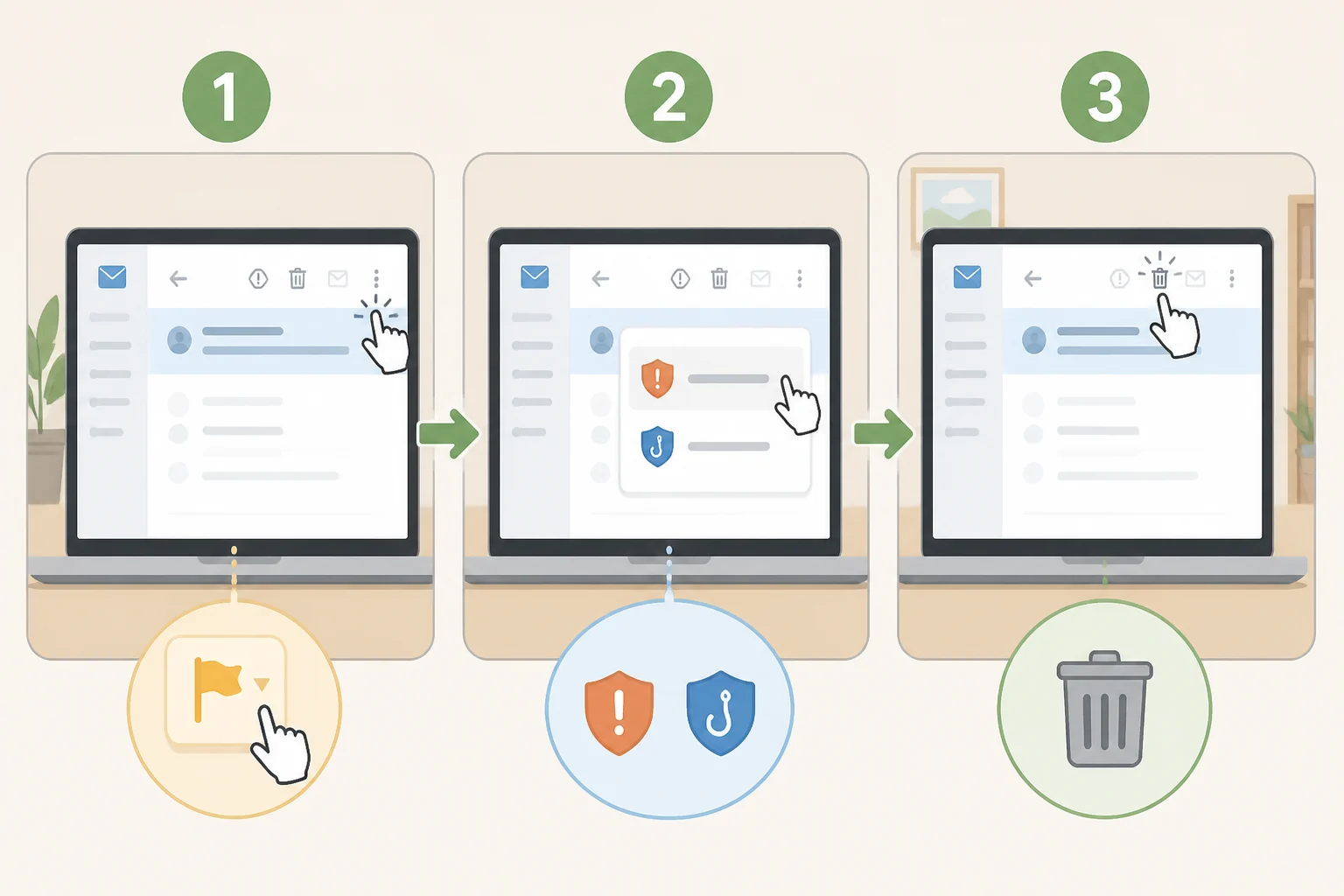 Illustration of an email client showing the “report phishing” option next to the sender and a subsequent delete action after reporting