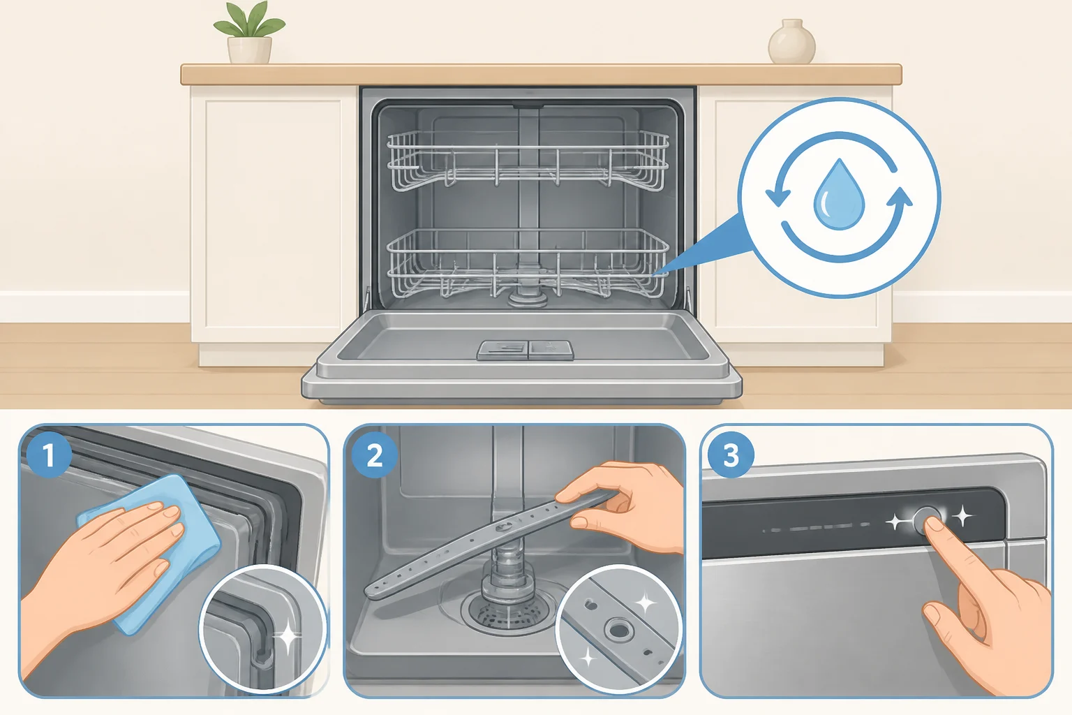 Dishwasher interior with the tub empty while running a Machine Care cycle, plus a visual checklist for wiping the door gasket and checking spray-arm holes