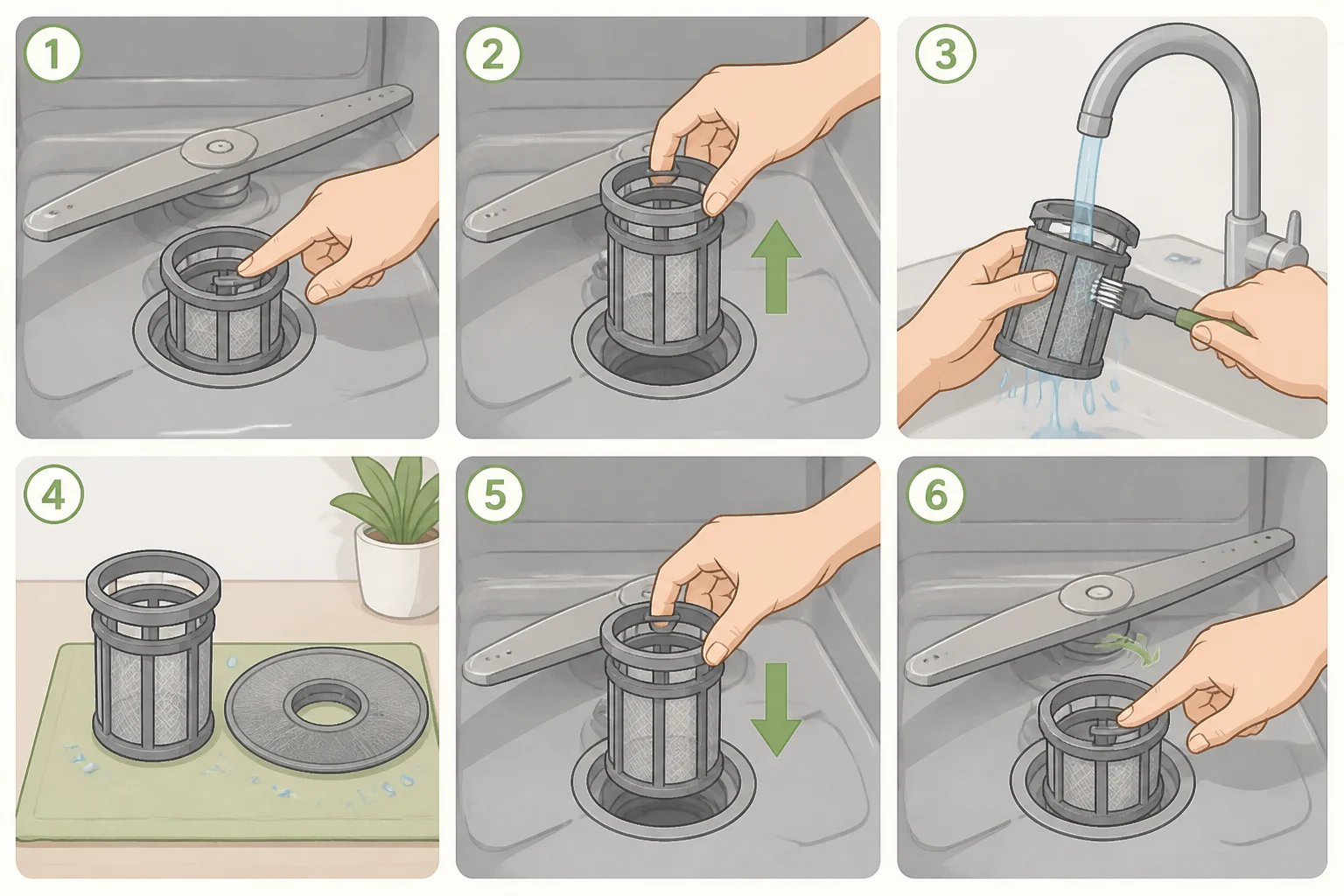 Step-by-step view of a dishwasher filter being turned off and unplugged, released from the sump, cleaned without abrasives, and reinstalled correctly as part of how to clean a dishwasher filter