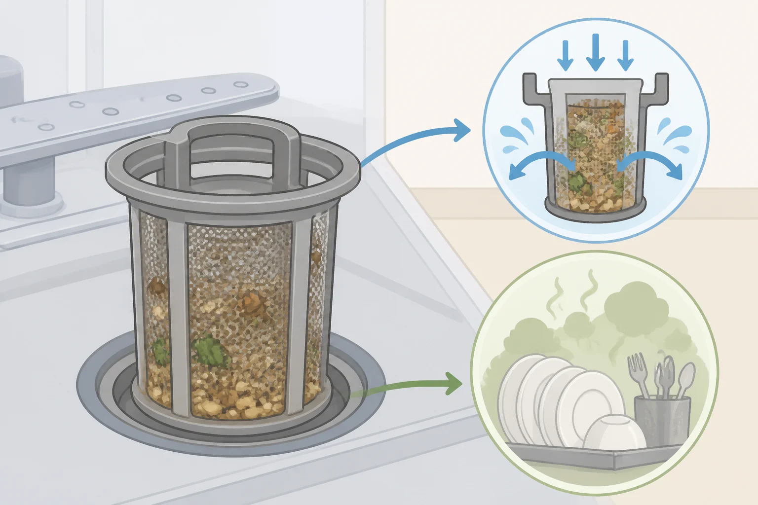 Close-up of a clogged dishwasher filter basket with trapped food debris blocking water flow, illustrating why a dirty filter leads to reduced cleaning performance