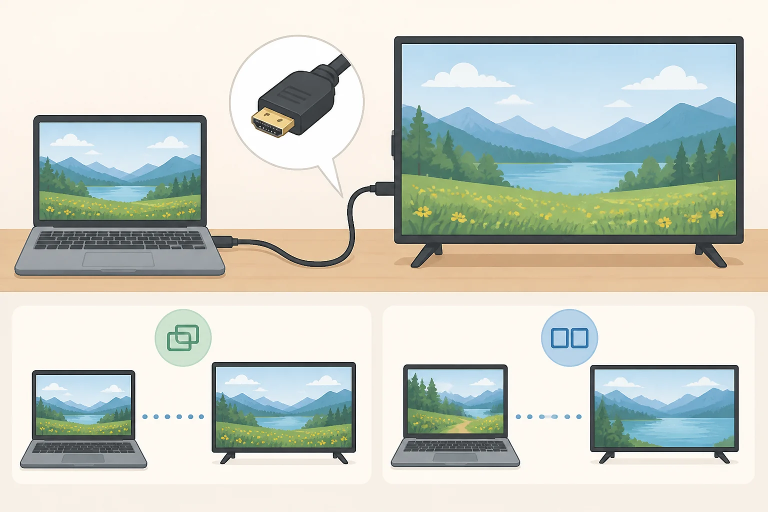 Illustration of a laptop connected to an HDMI input on a non-smart TV, displaying a full-screen rotating gallery of museum artwork