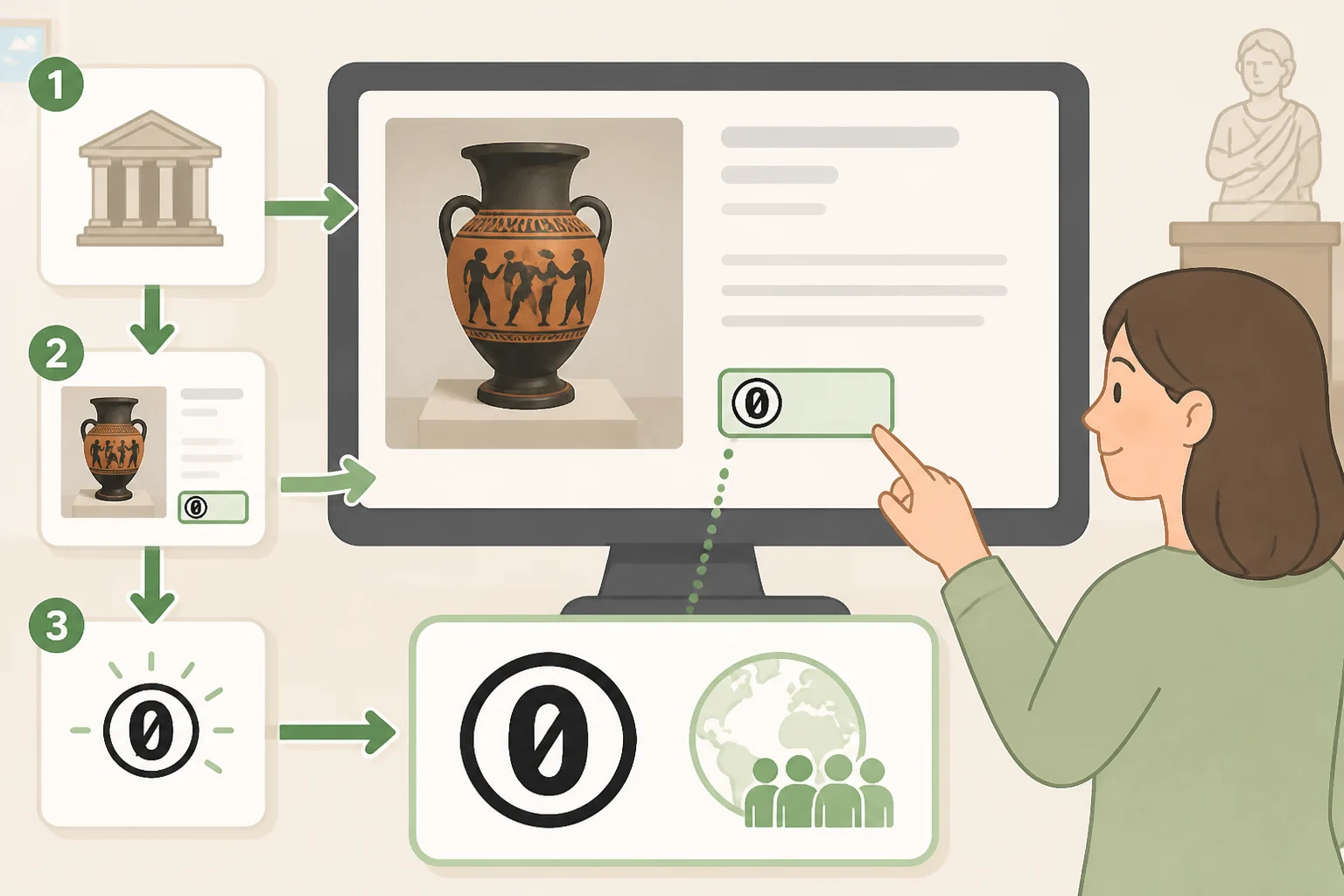 Screenshot-style illustration of a museum artwork page with the CC0 rights label called out, showing how to turn a TV into an art gallery using only clearly licensed images
