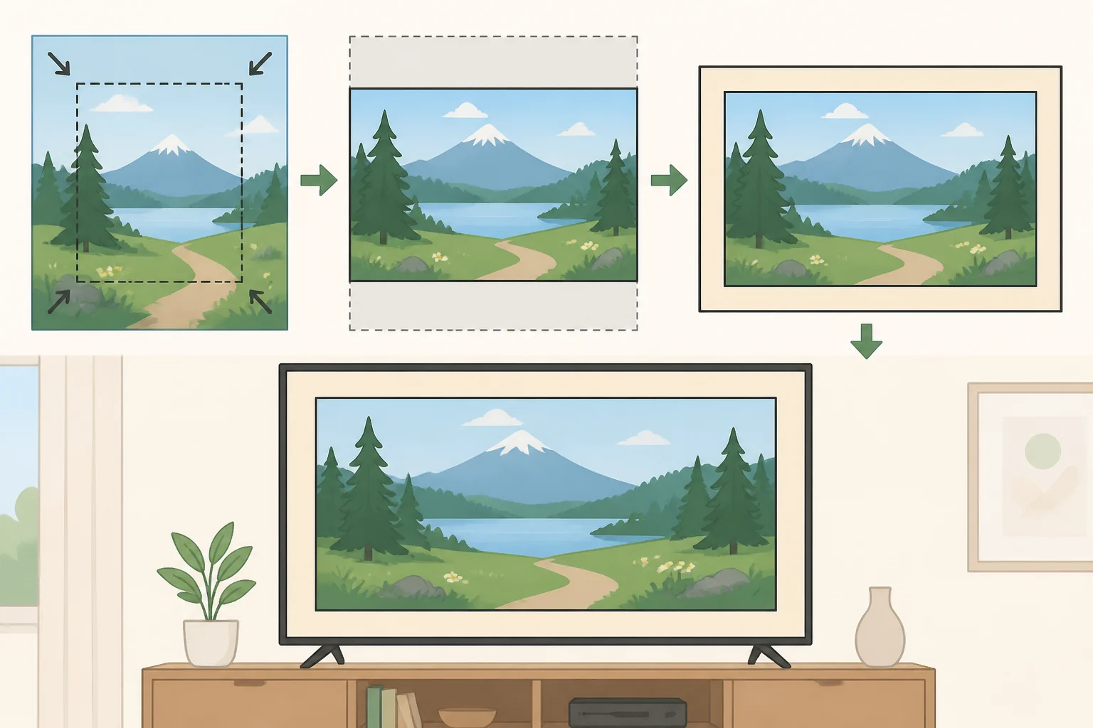 Illustration showing portrait museum images adjusted for a TV slideshow by adding a neutral border to prevent the painting from being cropped