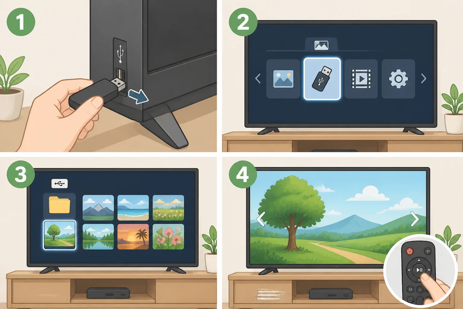Photo-like diagram of a smart TV interface where a USB drive is selected and a slideshow of downloaded museum images begins without internet