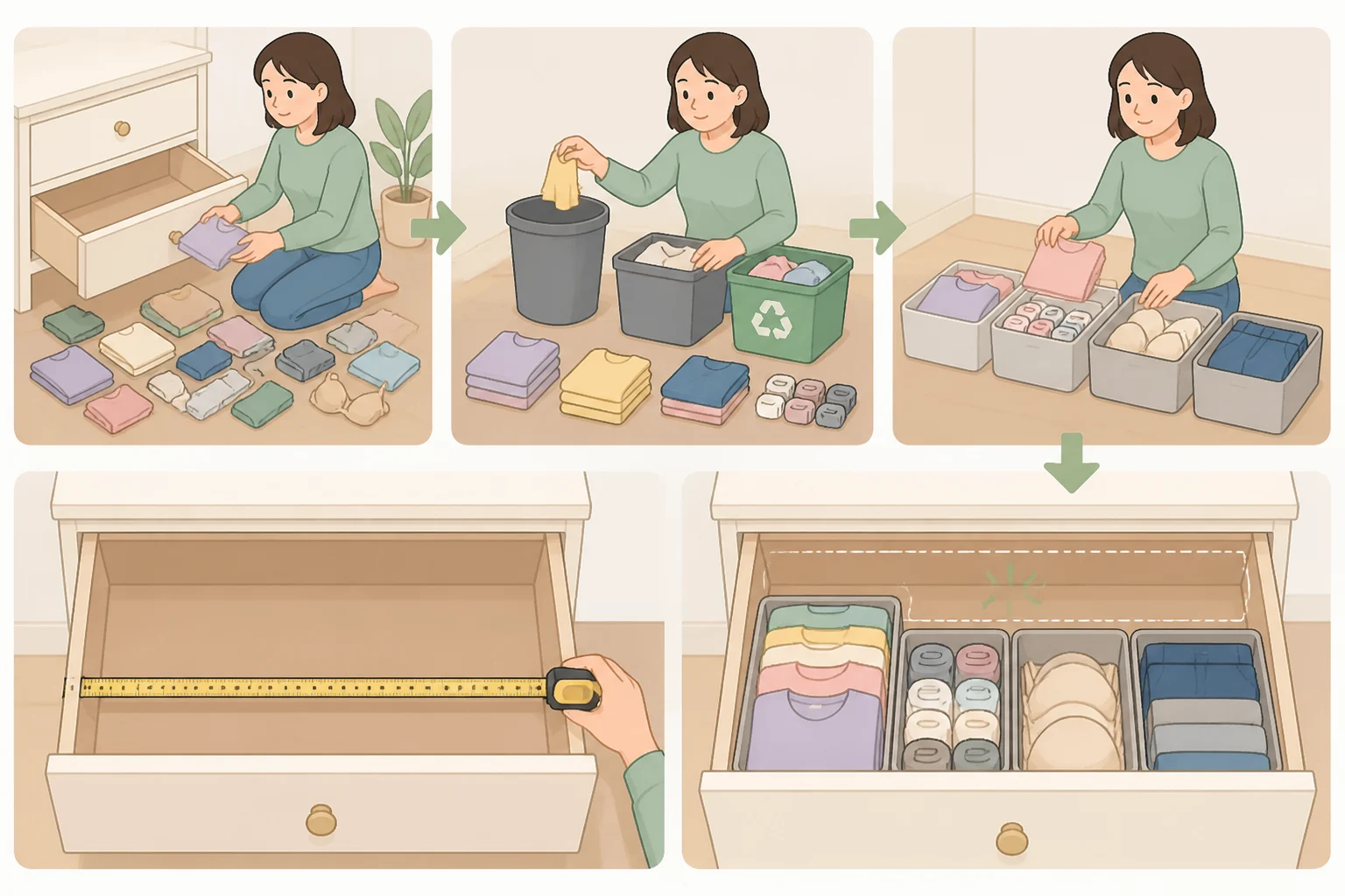A five-panel sequence demonstrating how to organize a junk drawer: dumping contents on a counter, throwing out obvious junk, grouping into broad categories, measuring for dividers, and leaving 10–15% empty for easier spotting