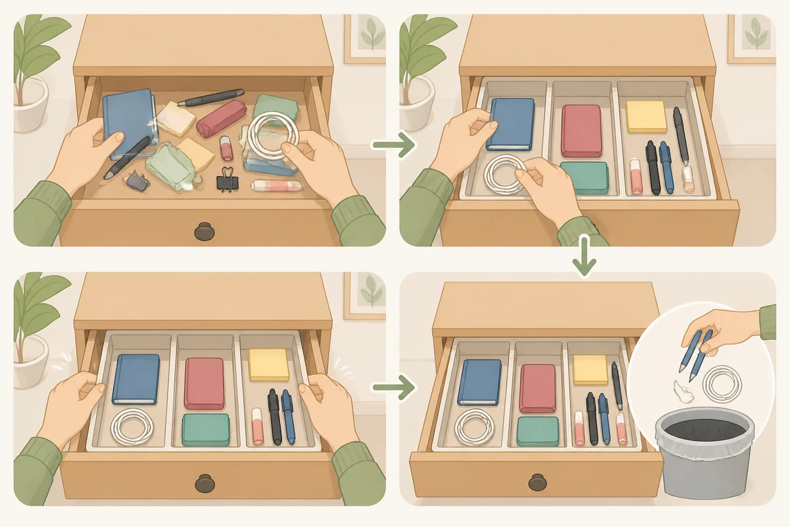 A quick reset diagram for maintaining junk drawer organization: removing items that drifted in, returning them to labeled zones, straightening dividers, and disposing of trash and duplicates