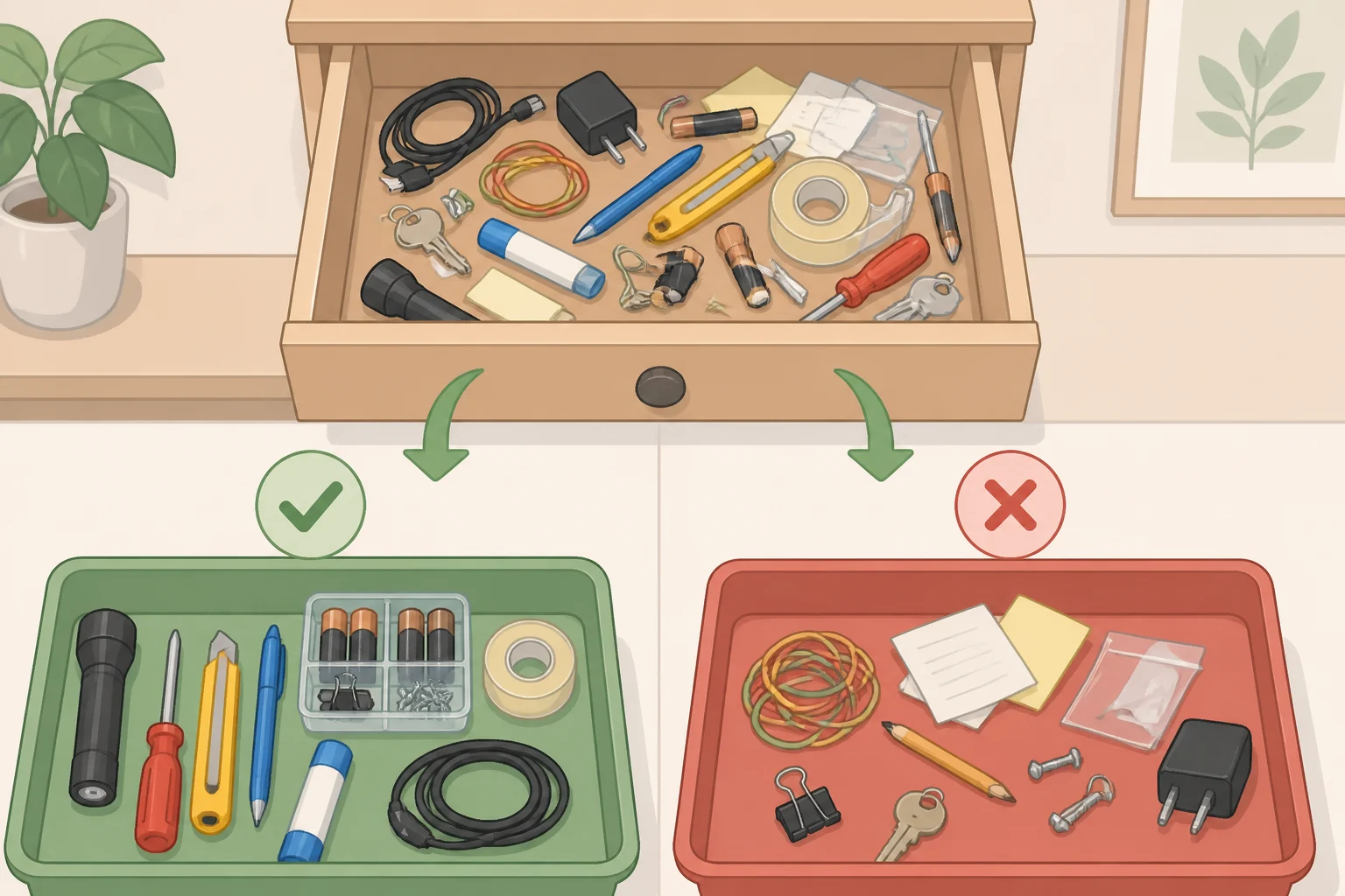 A visual checklist of what belongs in a junk drawer (pens, tape, scissors, rubber bands, Band-Aids) versus what to leave out (documents, medication, valuables, full tool sets), for how to organize a junk drawer