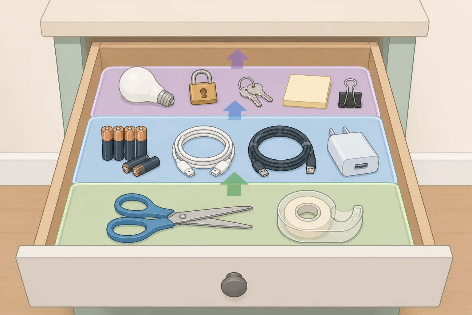 A labeled kitchen junk drawer layout showing front-to-back zones: writing tools near the front, batteries and hardware in the middle, and backups at the back for quicker use