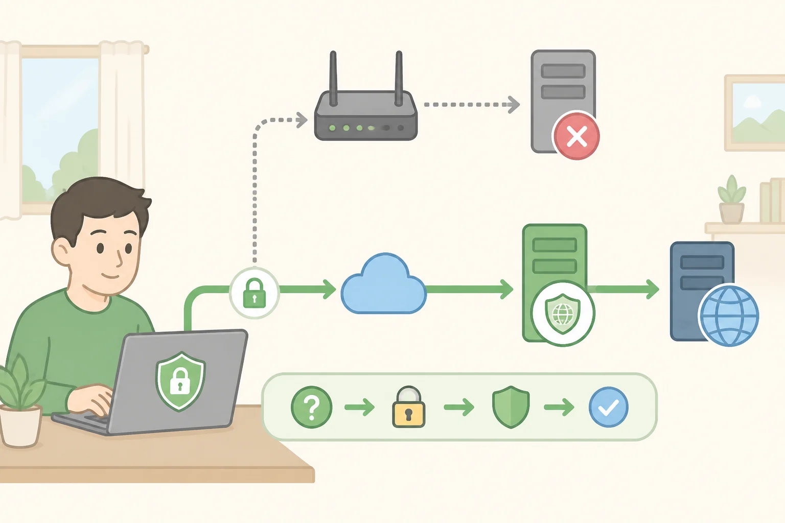 Encrypted DNS-over-HTTPS flow diagram showing DNS queries sent through TLS/HTTPS to a third-party resolver instead of the ISP’s default DNS