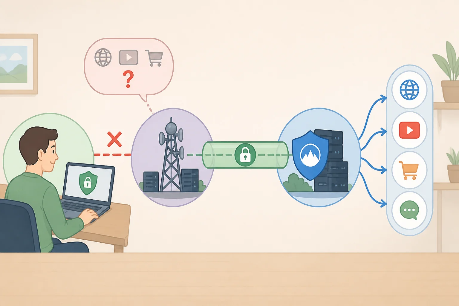 How to stop your internet provider from tracking you with a VPN: an ISP sees a connection to the VPN server, while the VPN tunnel hides the websites visited after traffic is encrypted