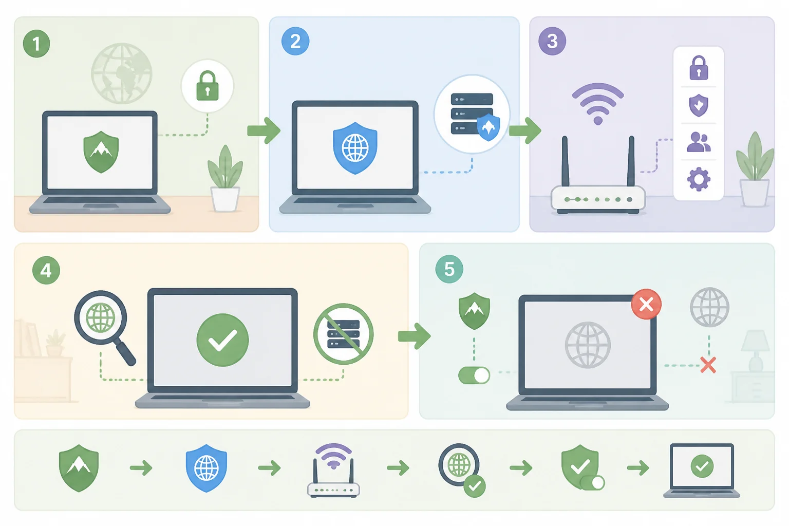 Checklist-style workflow showing VPN first, then encrypted DNS backstop, followed by DNS-leak testing and Wi-Fi hardening, with a kill-switch verification step