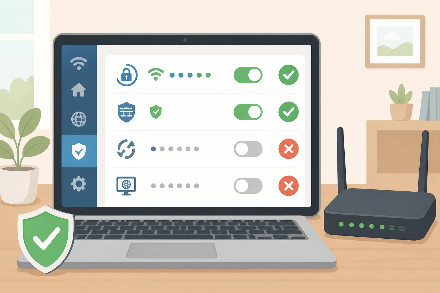 Router admin screen highlighting WPA3 Personal encryption, enabled firewall, and toggles off for WPS, UPnP, and remote management to prevent neighbors or intruders from accessing the network