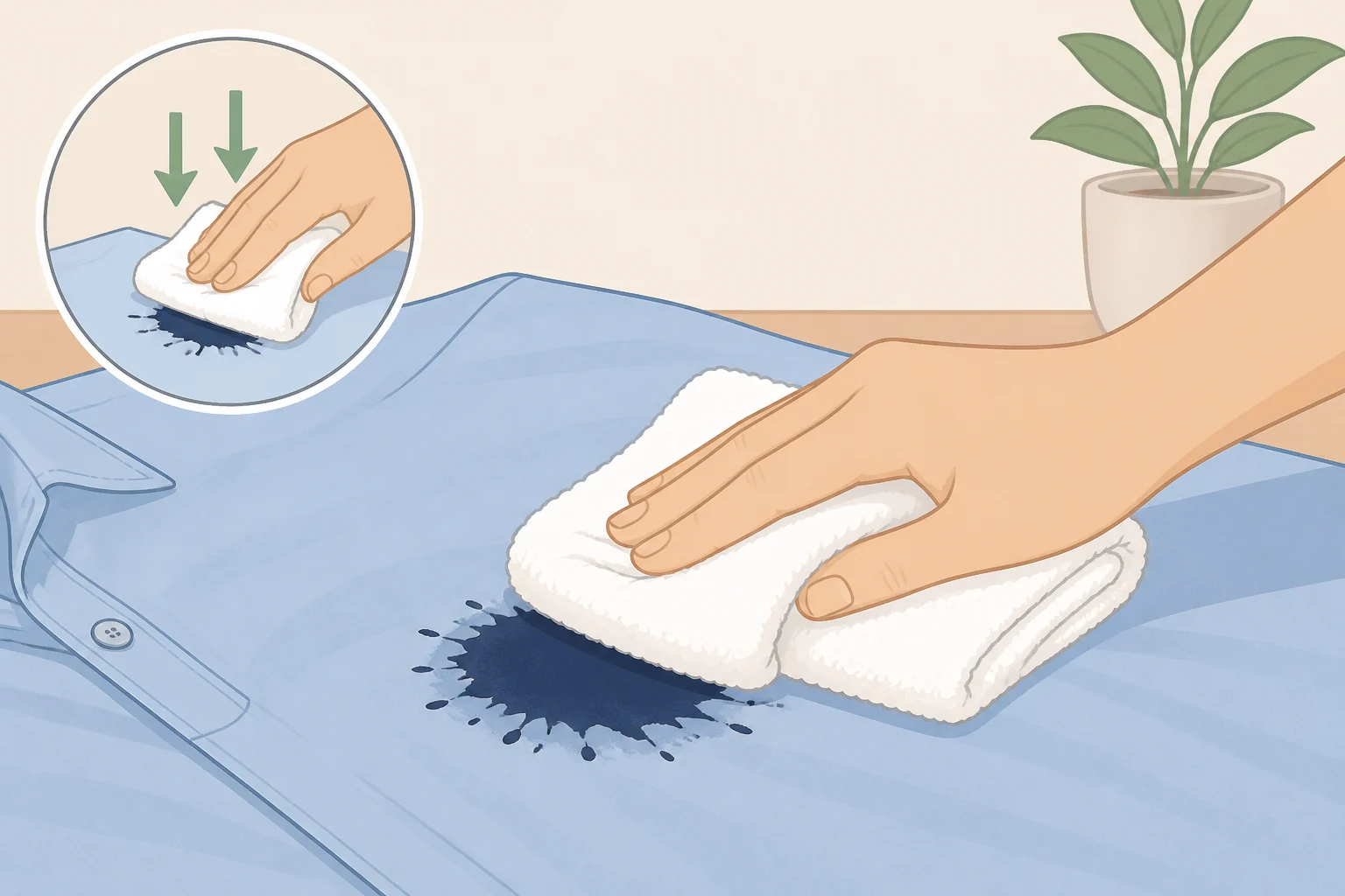 Step-by-step blotting fresh ink stains from fabric using a white towel, showing how to remove ink stains from clothes without spreading them