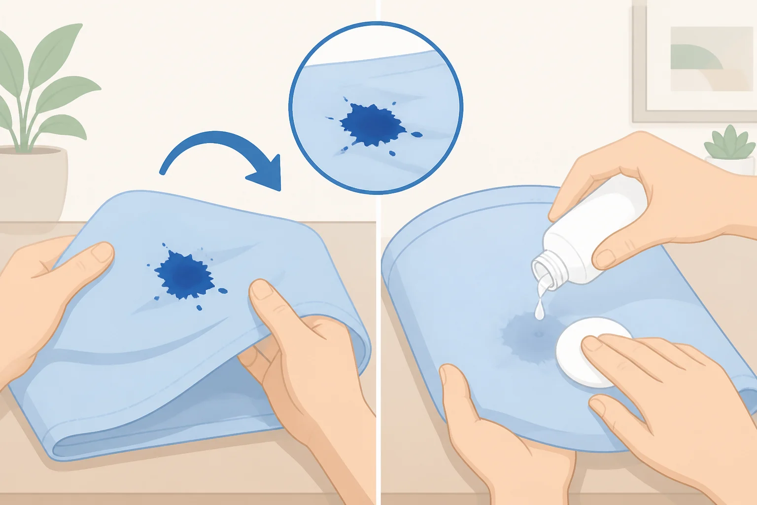 A garment laid face down on paper towels while rubbing alcohol is applied to the back of a pen ink stain to push dye out through the fibers