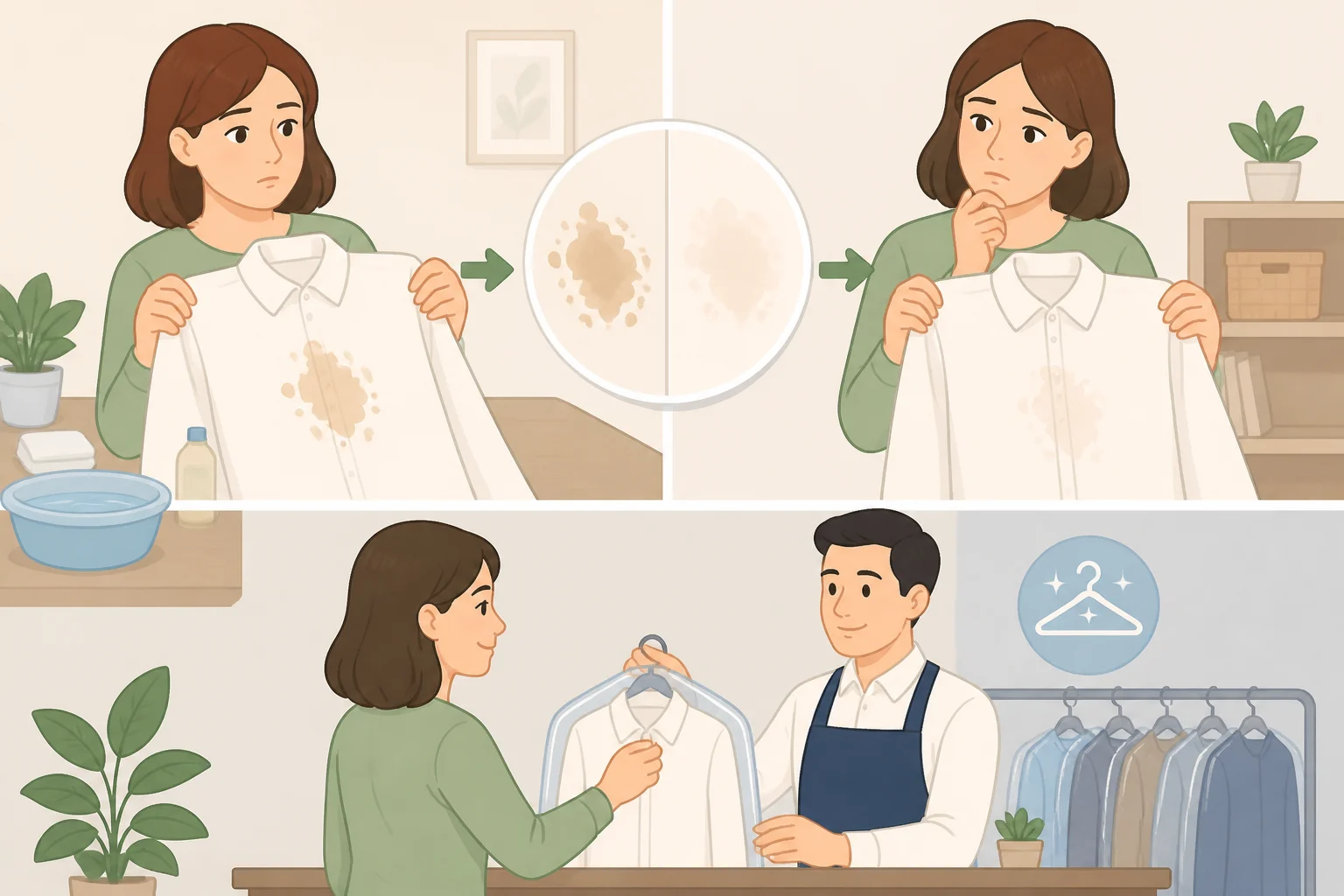 A fully air-dried garment inspected in good light with a dried ink stain still visible, signaling the decision to consult a dry cleaner