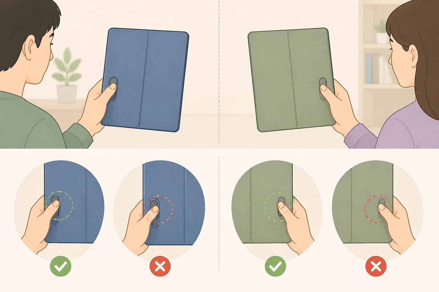 Diagram comparing right-handed and left-handed grips on a Kindle with Page-Turn Cover to illustrate the unanswered question of which thumb controls the physical buttons