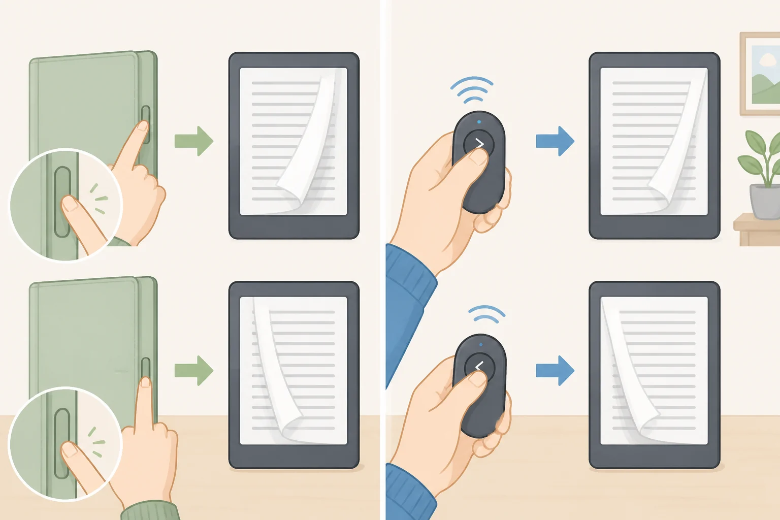 Side-by-side comparison of the Oasis-style integrated Page-Turn Cover buttons versus the separate Kindle Click Bluetooth remote with side-mounted buttons for hands-free page turning
