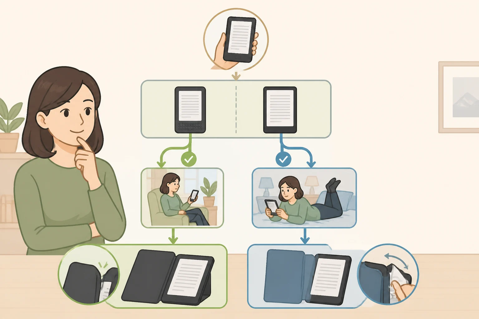 Decision flowchart for choosing between the $34.99 Kindle Click and the $79.99 Page-Turn Cover, highlighting Kindle case with physical page-turn buttons compatibility and whether readers want one-handed versus hands-free control