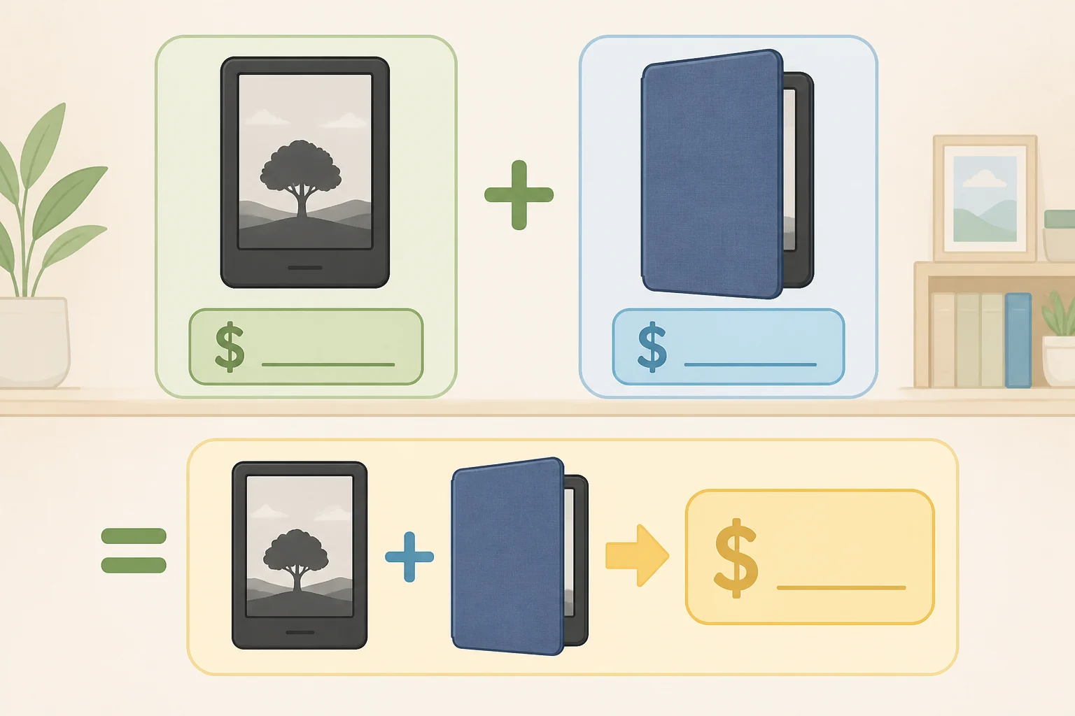 Cost breakdown showing a Kindle Signature Edition Paperwhite ($249.99) plus the $79.99 Page-Turn Cover totaling $329.98, and the same cover raising the Signature Edition Colorsoft to $399.98