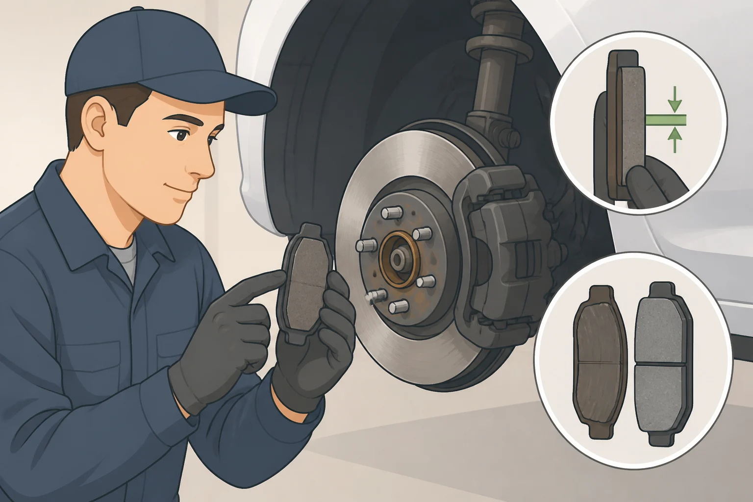 Mechanic using a caliper to measure brake pad thickness during a 75,000-mile service appointment