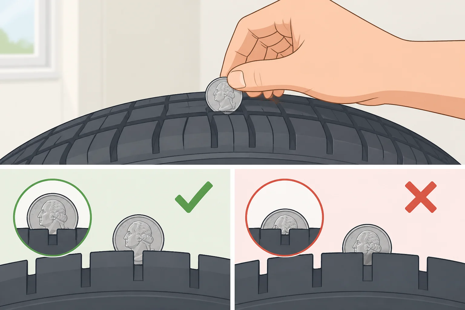 Photo-style illustration of measuring tire tread depth with a gauge for the 75,000-mile car maintenance checklist
