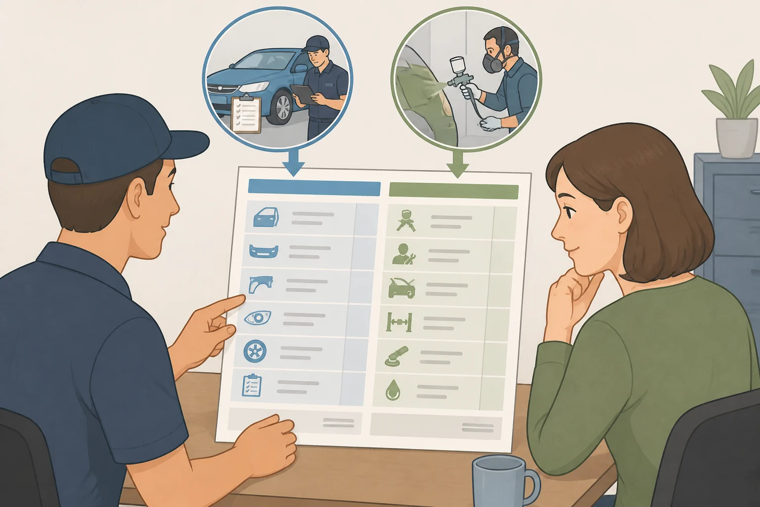 Illustration of an owner comparing an itemized shop estimate with maintenance log notes for each checklist bucket