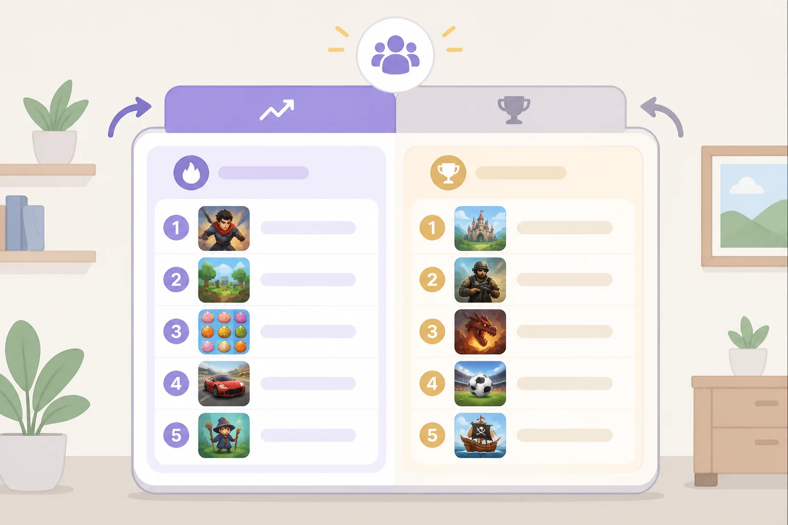 Illustration of the PS5 Welcome Hub Community Activity widget displaying Trending Now and Top 10 sections with game rankings