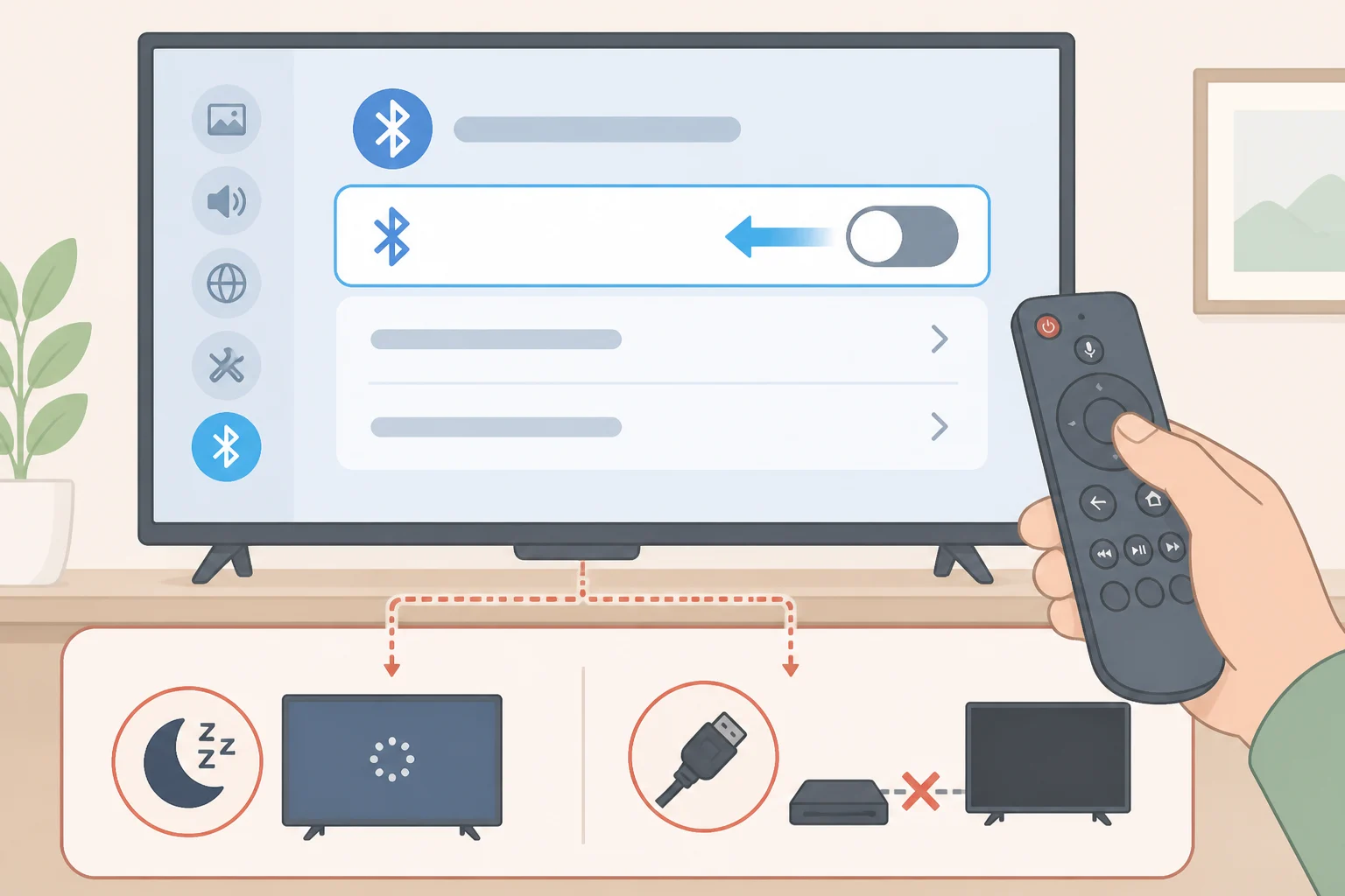 Illustration of PS5 Settings > Accessories > General > Advanced Settings with a Turn Off Bluetooth toggle, plus callouts explaining disabled Rest Mode and HDMI Device Link