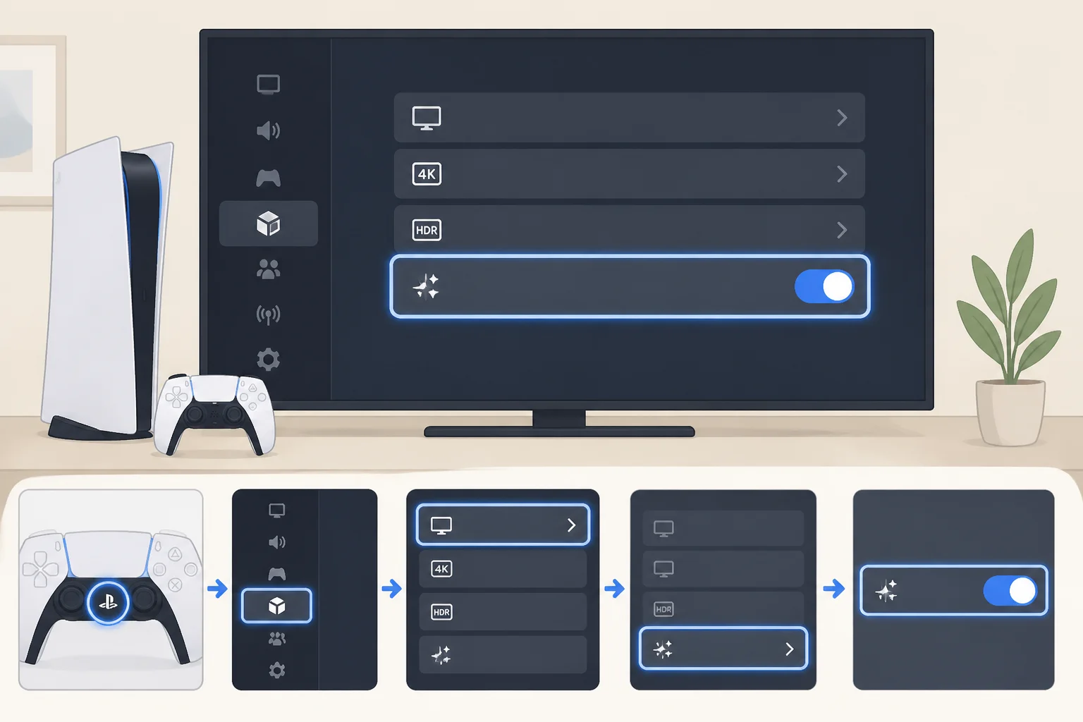 Screenshot-style illustration of PS5 Pro settings navigating to Settings > Screen and Video > Video Output with Enhanced PSSR Image Quality enabled, reflecting the PS5 September 2026 update features