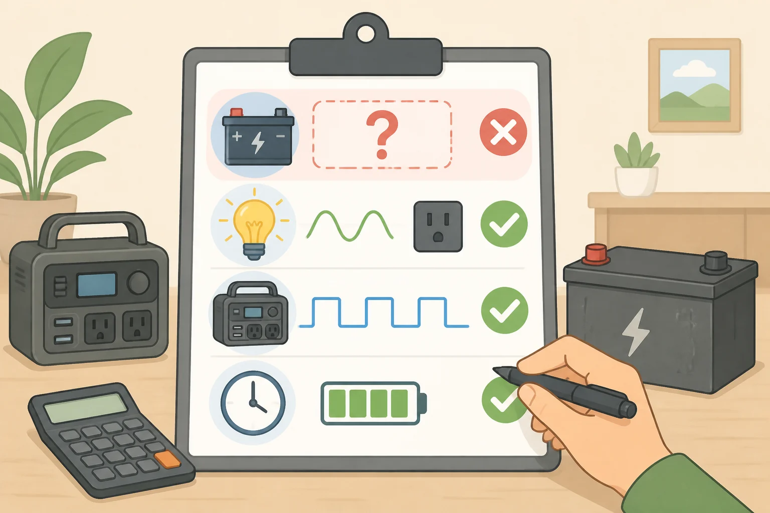 Checklist illustration of runtime essentials—battery count, amp-hour and watt-hour capacity, continuous vs surge wattage, recharge method, ports, and IP rating—for the Ryobi 40V 1800-Watt Power Station Kit