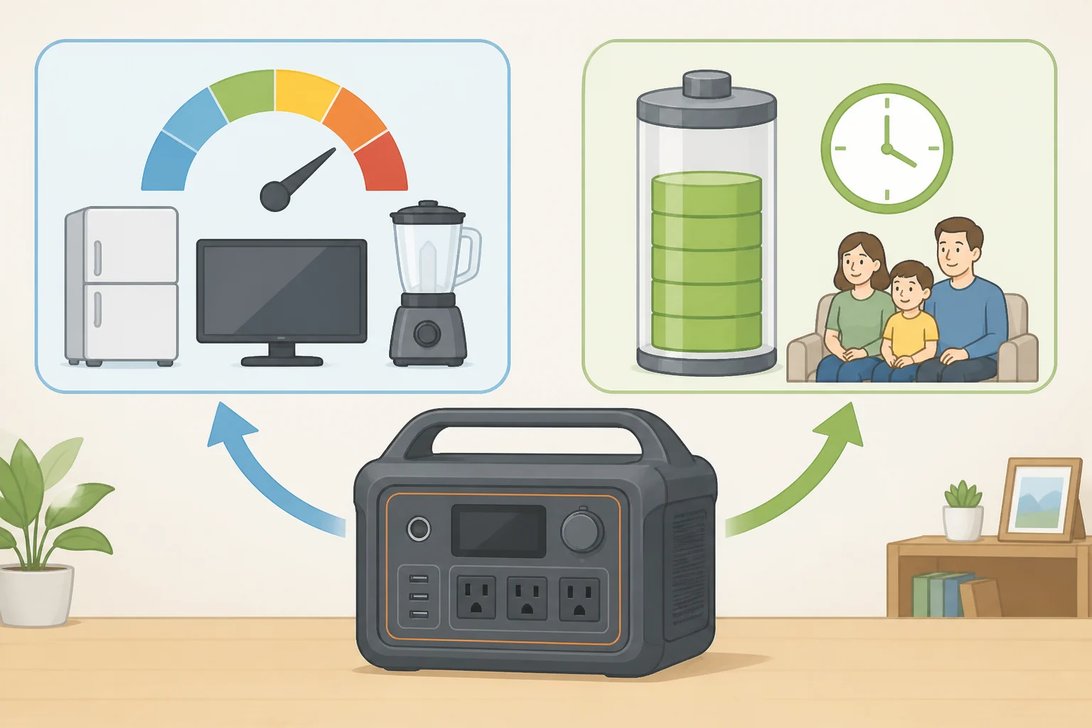 Infographic comparing output wattage versus stored energy (battery watt-hours) for power stations, explaining why identical 1,800-watt ratings can still yield different runtimes