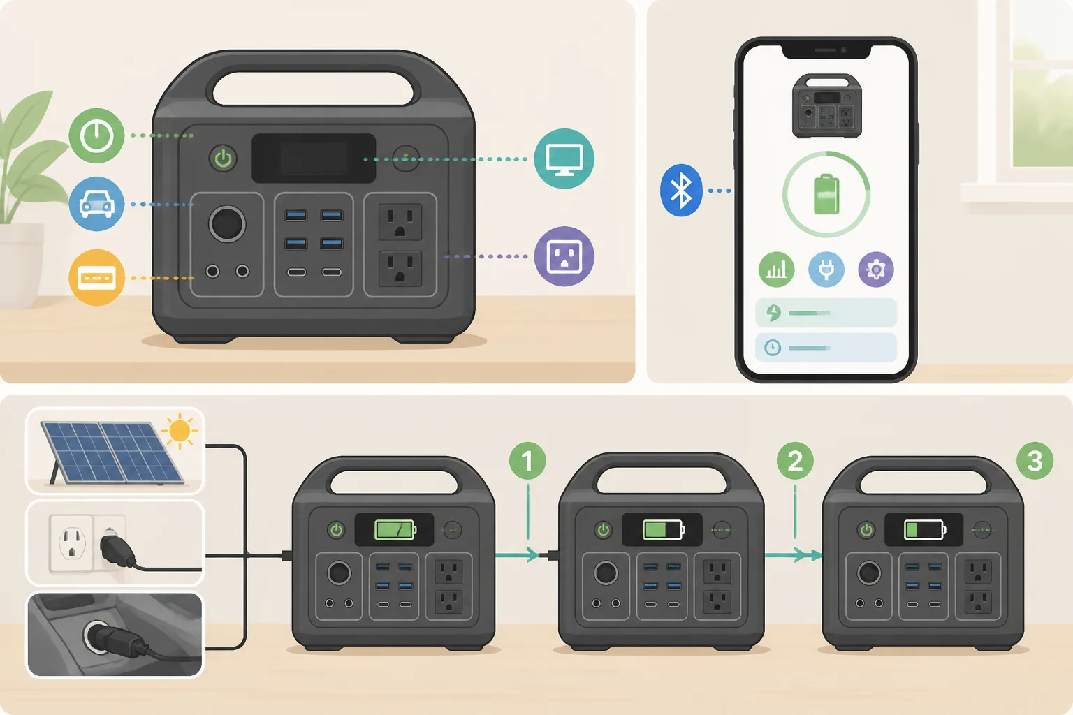 Diagram of the Ryobi 40V 1800-Watt Power Station Kit with Bluetooth GENCONTROL monitoring plus sequential charging for up to four 40V batteries