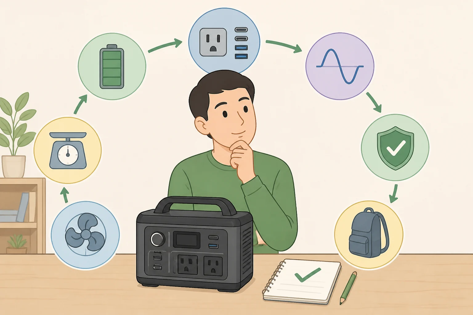 Illustration of a buyer evaluating a power station purchase with emphasis on incoming details like battery count, amp-hour rating, and continuous versus surge wattage
